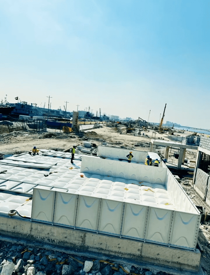 ZISIF GRP tank panels being assembled at a coastal construction site